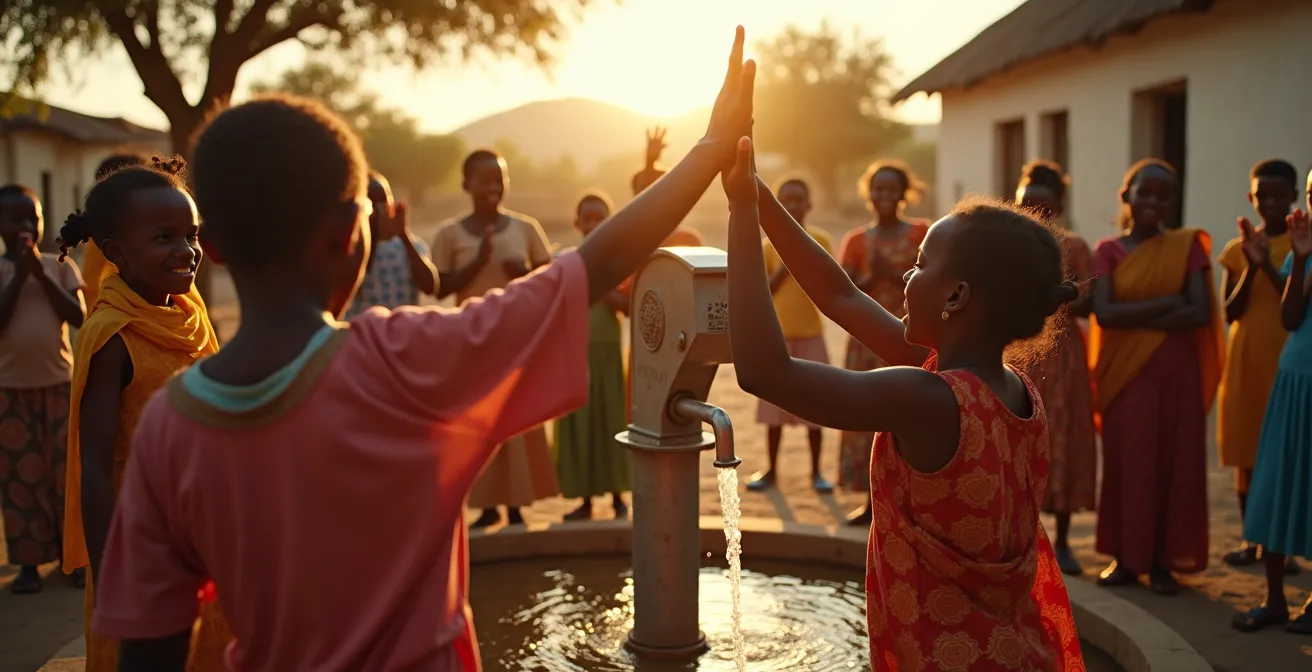 Rassemblement joyeux de la communauté villageoise lors de l'inauguration d'un nouveau point d'eau