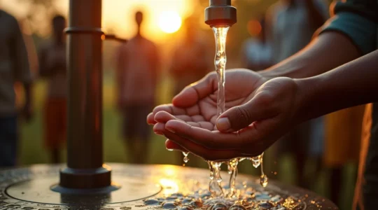 Communauté villageoise réunie autour d'un point d'eau nouvellement construit