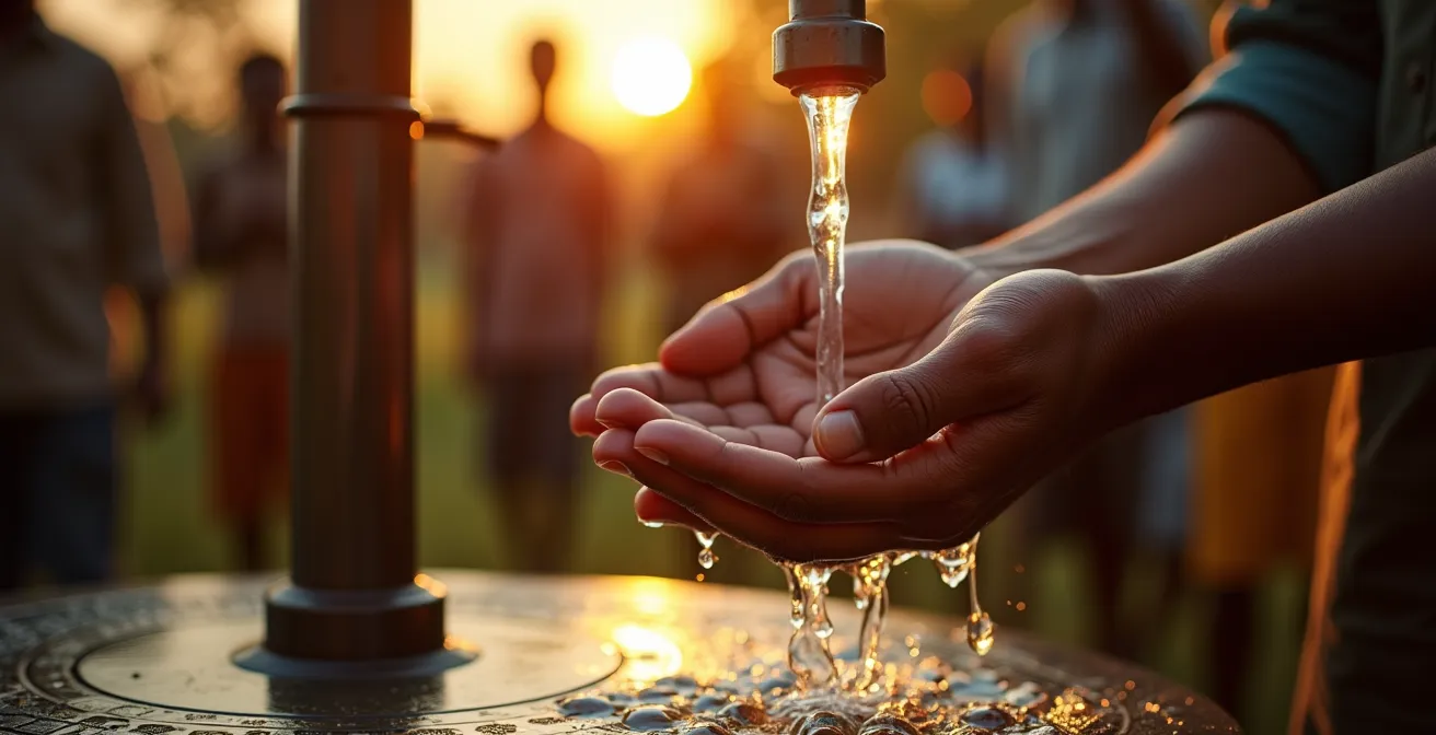 Communauté villageoise réunie autour d'un point d'eau nouvellement construit